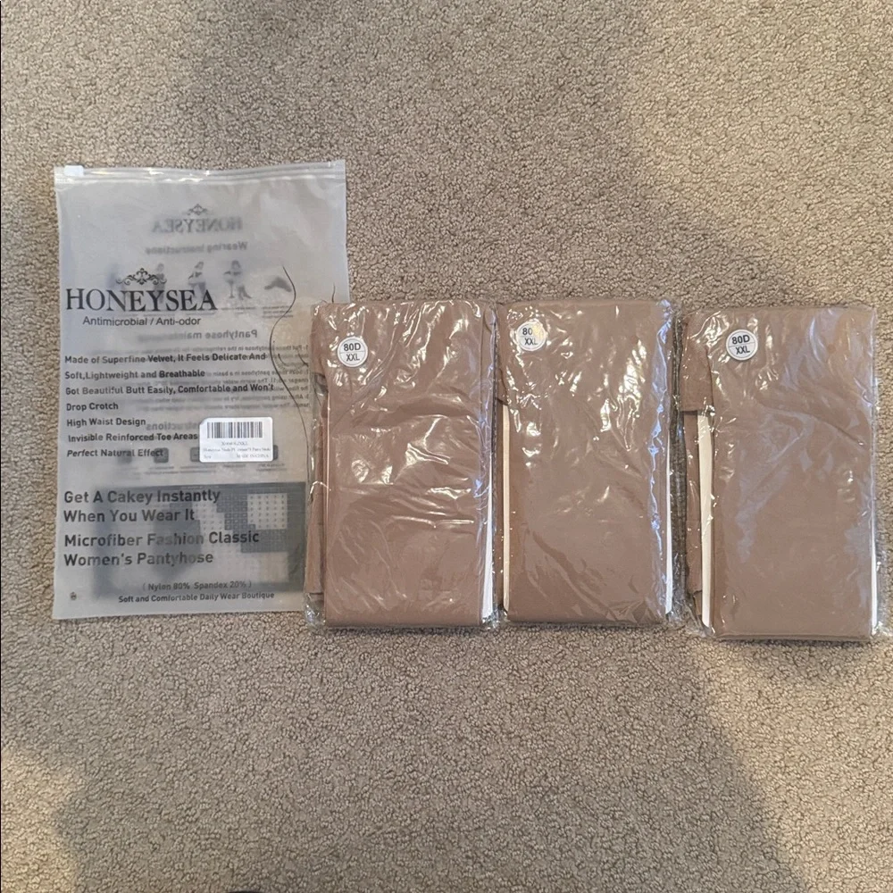 I13 NIB HONEYSEA 3 Pack Antibicrobu Sheer Pantyhose Tights, Nude‎ - Size: XXL